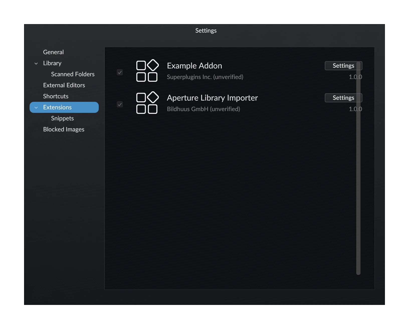 Settings dialog extension list