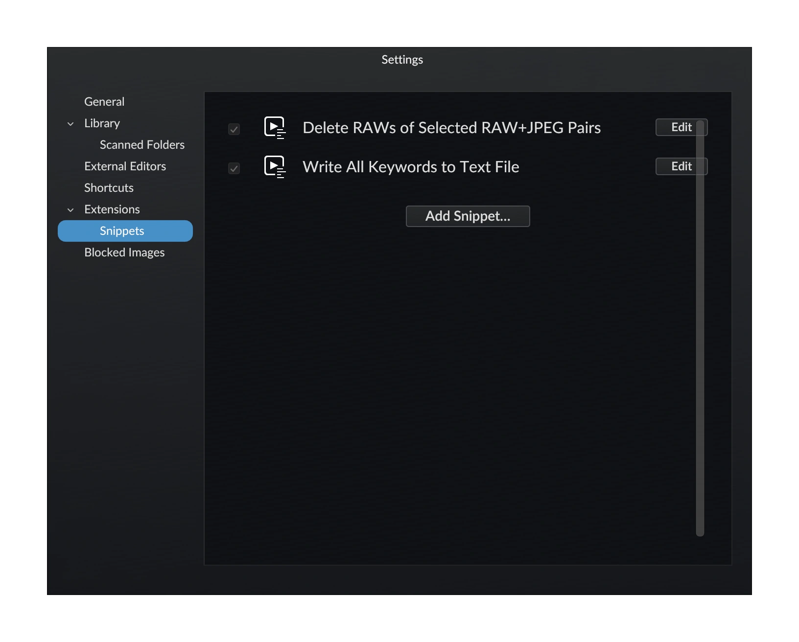 Settings dialog snippet list